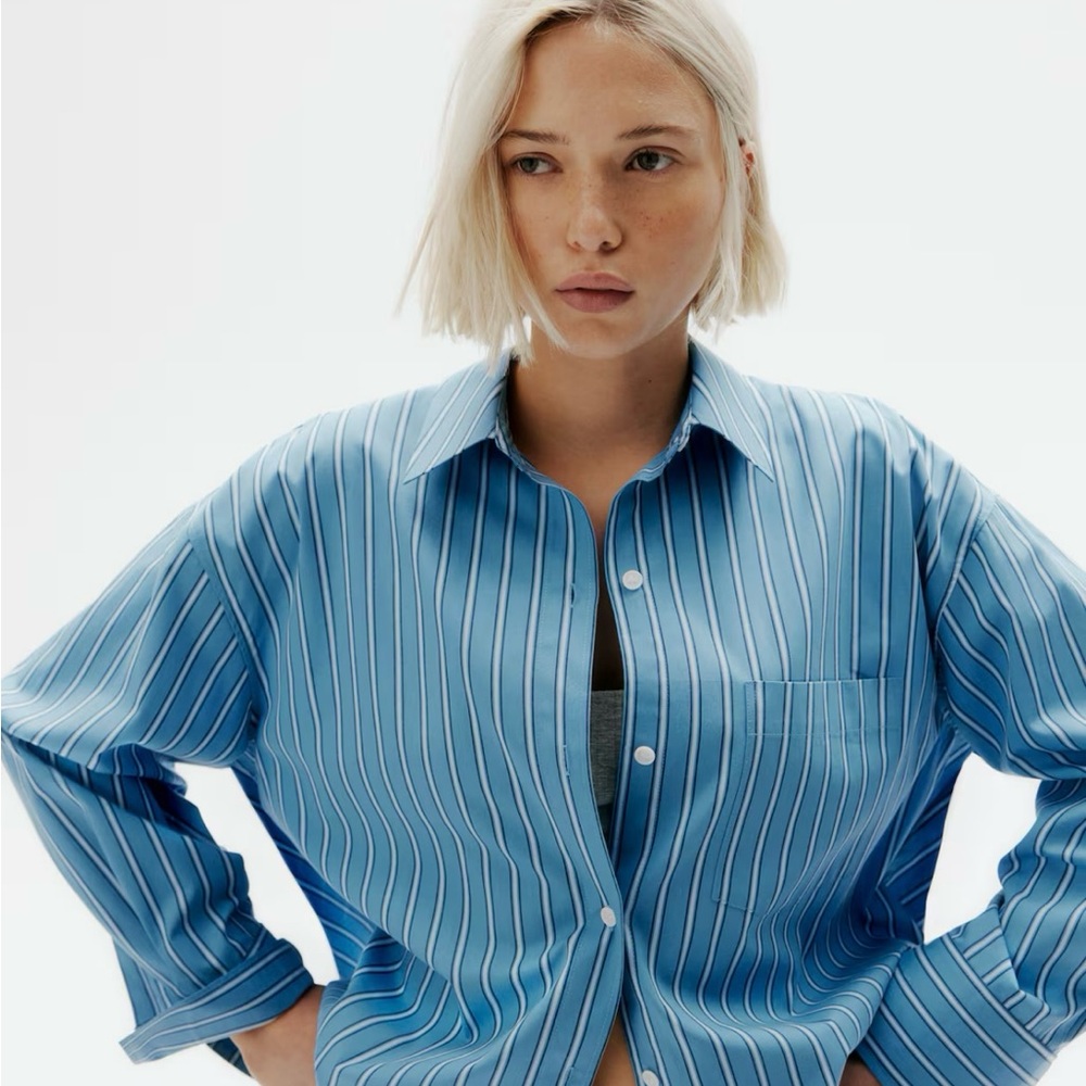 H&M Blue Oversized Long Sleeve Button Down Shirt